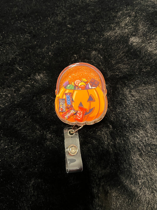 Pumpkin Candy Basket Badge Reel